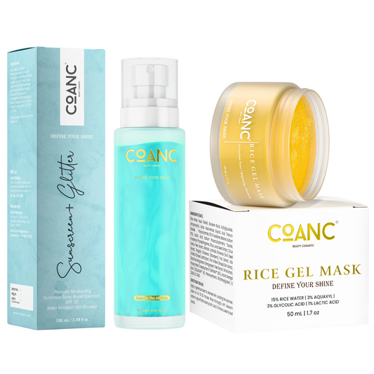 Sunscreen + Glitter Spray & Rice Gel Mask For Glowing Skin Combo