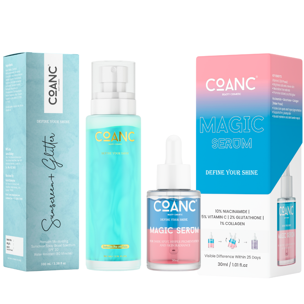 Sunscreen + Glitter Spray & Magic Serum For Glass Skin Combo